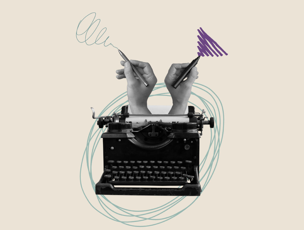 Art collage with an old typewriter and hands with pen. Storytelling, creativity and blogging concept.